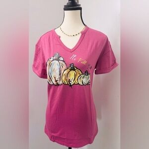 Women's Pumpkin Short Sleeve Halloween Thanksgiving Fall T-Shirt Pink V-Neck